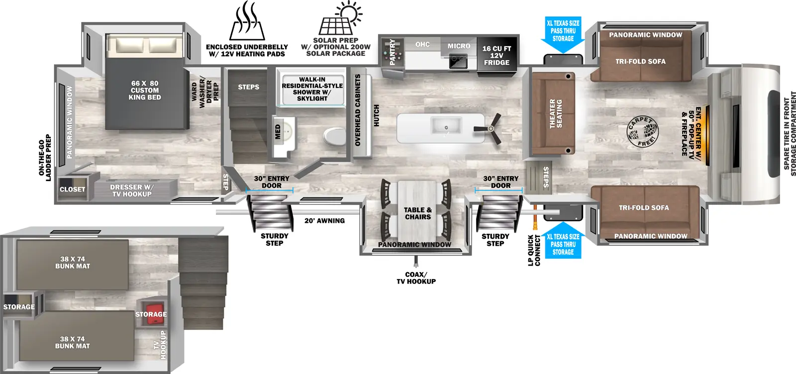 The Hemisphere Fifth Wheels 378FL has two entries and five slide outs. Exterior features include: fiberglass exterior and 20' awning. Interiors features include: loft, kitchen island, free-standing dinette option, rear bedroom and front living.